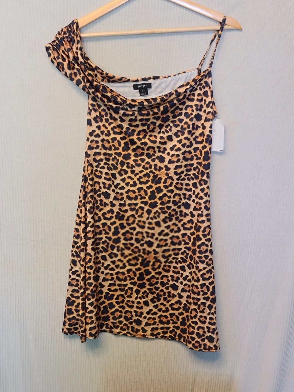 Nasty Gal Leopard Print One-Shoulder Slip Dress in Tan and Black size 2